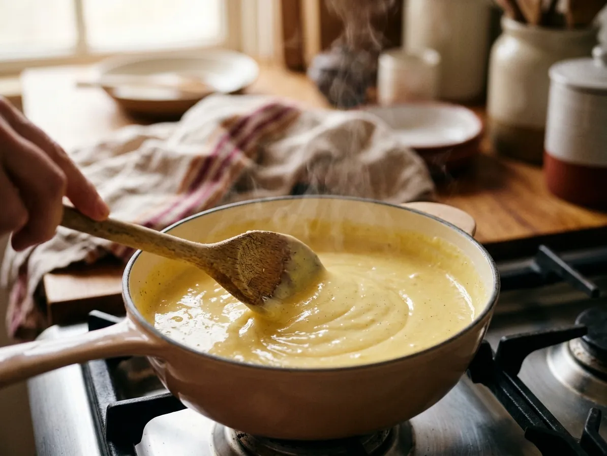 Crema pasticcera mescolata in un pentolino con un cucchiaio di legno