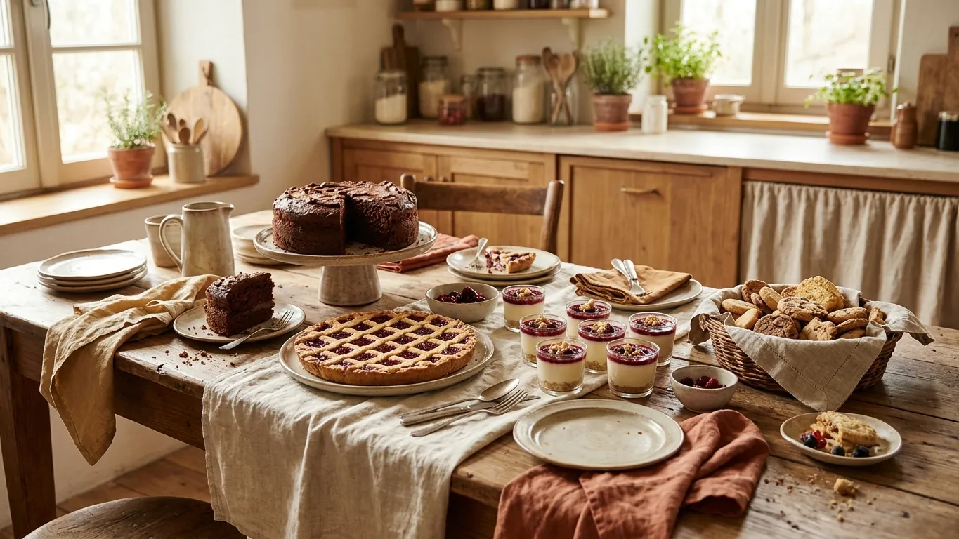 Assortimento di dolci fatti in casa su un lungo tavolo di legno