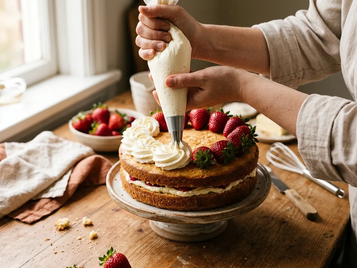 Decorazione di una torta con panna montata e fragole