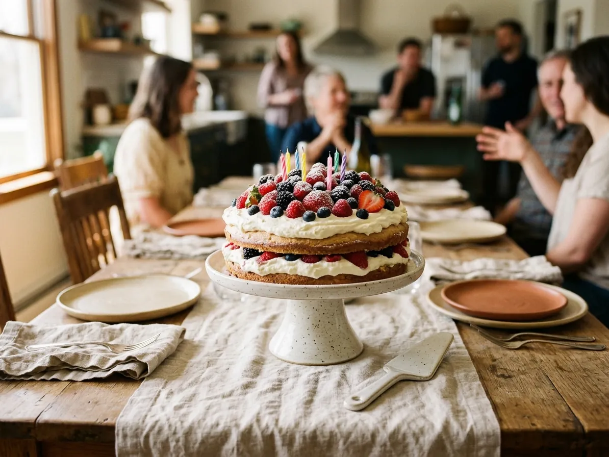 Torta decorata con frutti di bosco su un'alzatina in ceramica