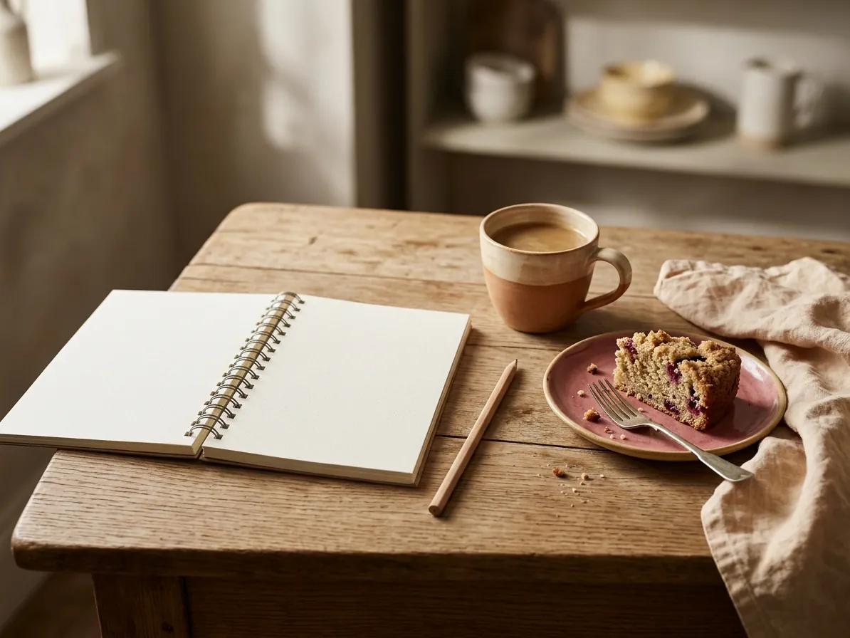 Quaderno, matita e fetta di torta su un tavolo di cucina