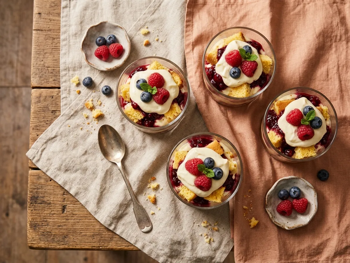 Coppette di dolce al cucchiaio con crema e frutti di bosco