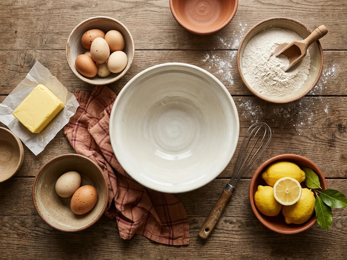 Ingredienti per dolci disposti su un bancone di legno