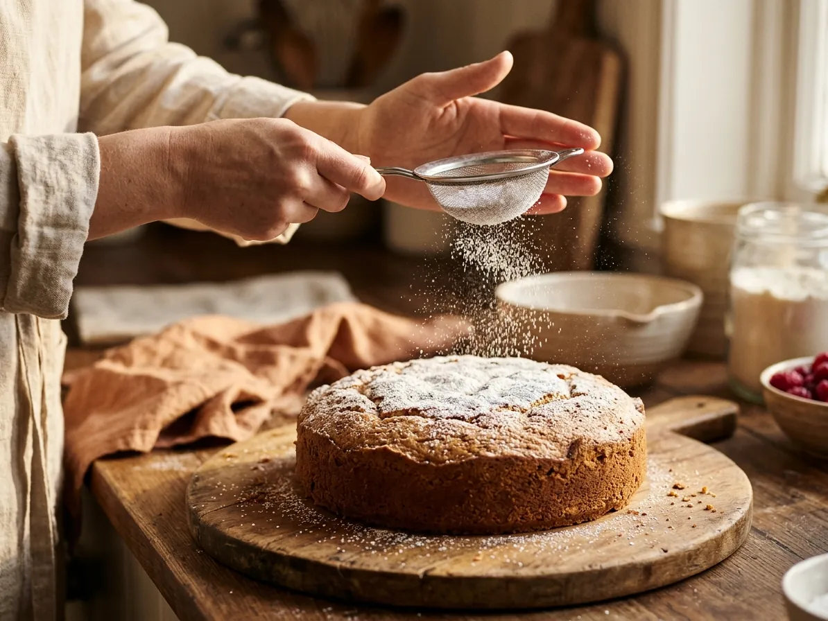 Mani che spolverano zucchero a velo su una torta fatta in casa