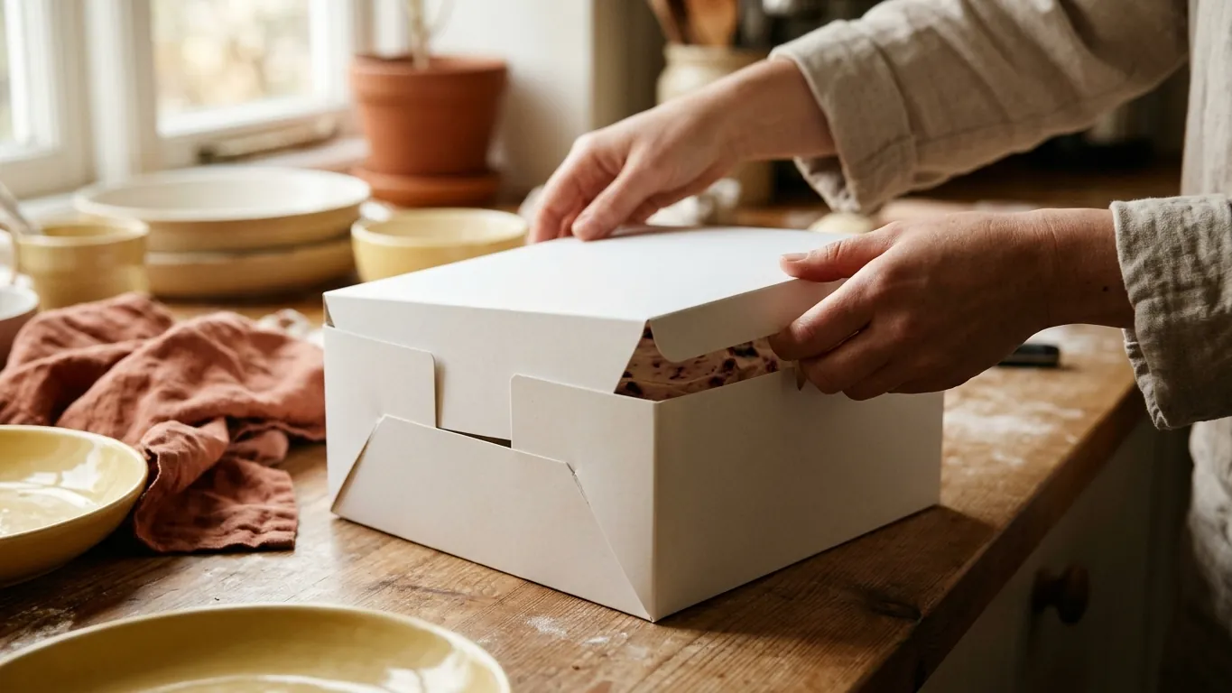 Torta fatta in casa sistemata in una scatola bianca