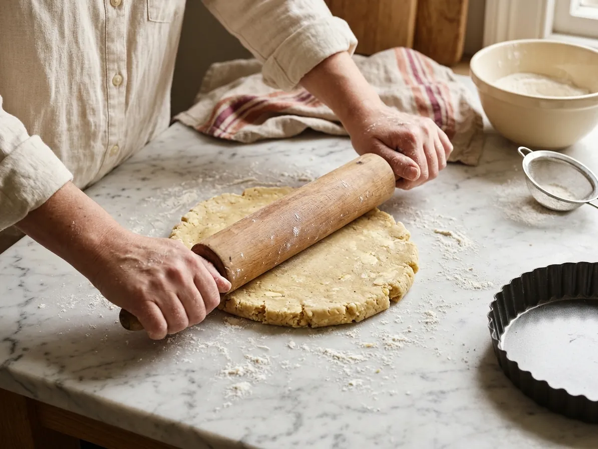 Mani che stendono la pasta frolla con il mattarello